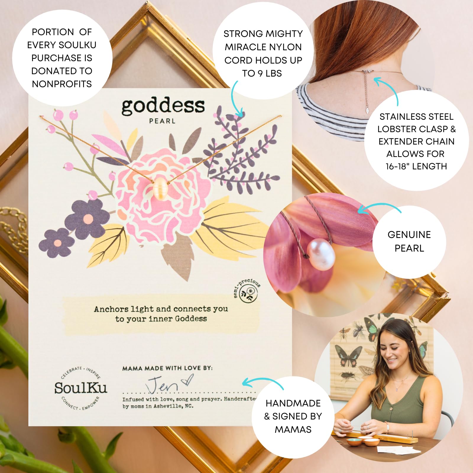 SoulKu Handcrafted Necklace, Empowerment Jewelry With Healing Crystal, Inspirational Jewelry For Women, Mom & Sister Gifts, 2" Extender With Lobster Clasp, 16" Nylon Cord