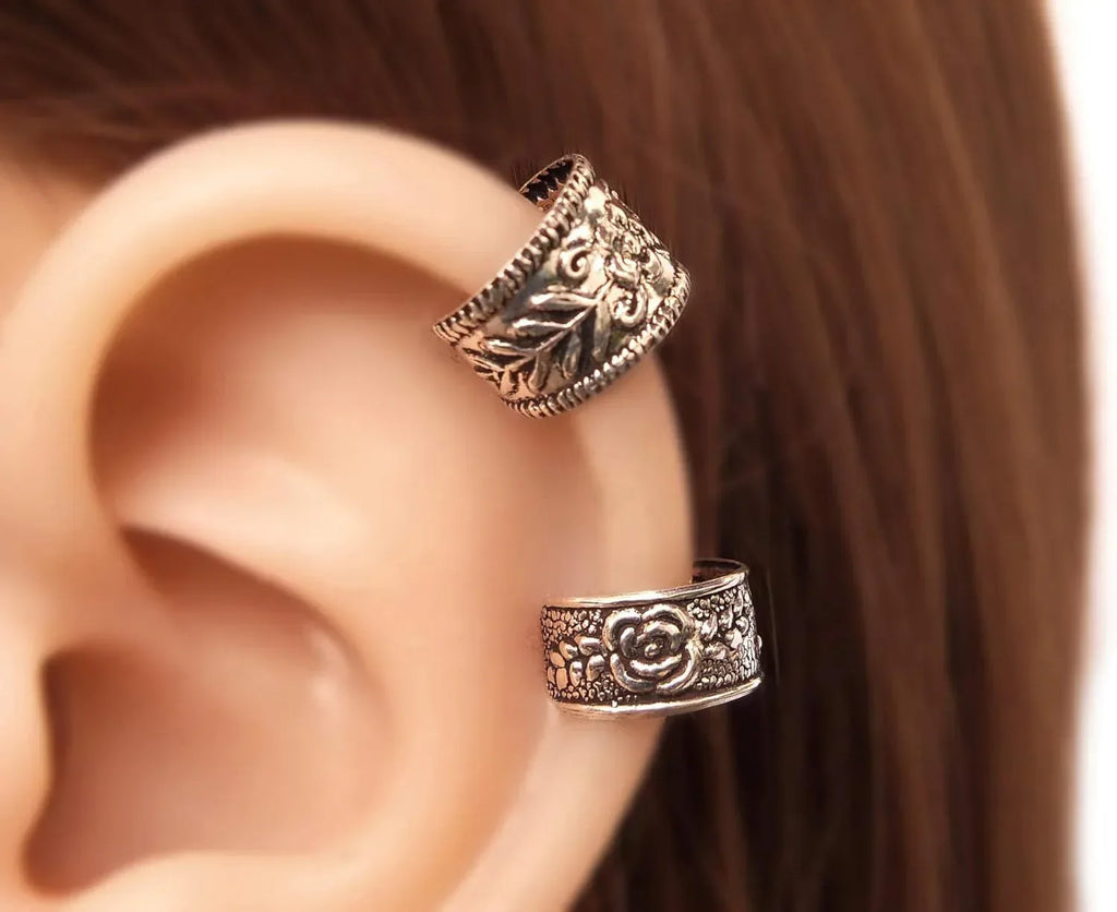 Handmade Silver 2Pcs Ear Cuffs Non-Piercing Earrings, 925 Sterling Silver, Fake Cartilage Helix Non-Pierced Ear Clip on for Women, Tiny 2 x Wide Band Floral Design Ear Wrap, By Miya Jewelry - Handmade Lifestyle Shop