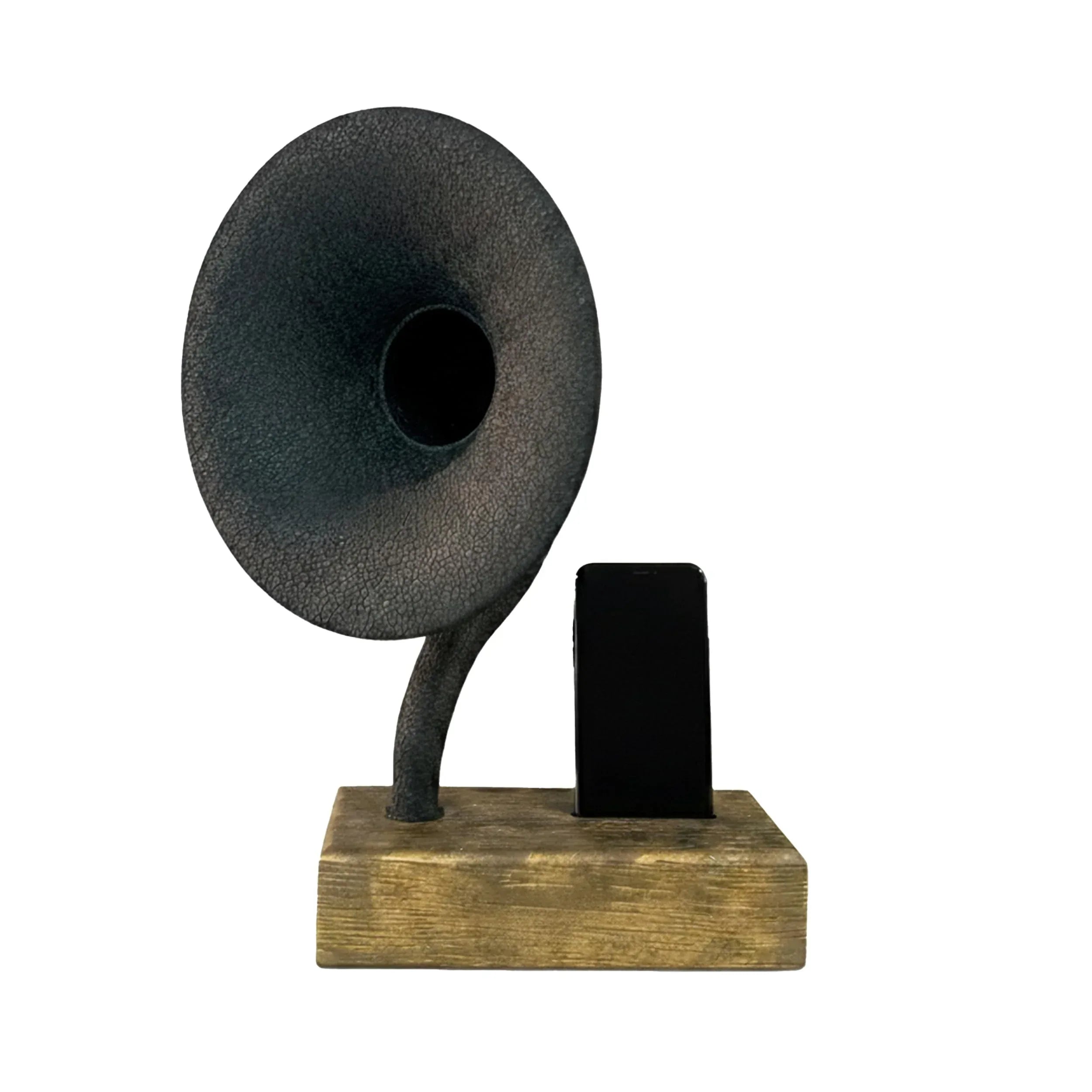 Handmade Acoustic Phone Speaker, Gramophone Phone Amplifier, Vintage Passive Speaker for Home Decor, Office Furniture Gift, Unique Handmade Smart Phone Dock - 17" Large - Walnut Wood & Black Horn - Handmade Lifestyle Shop