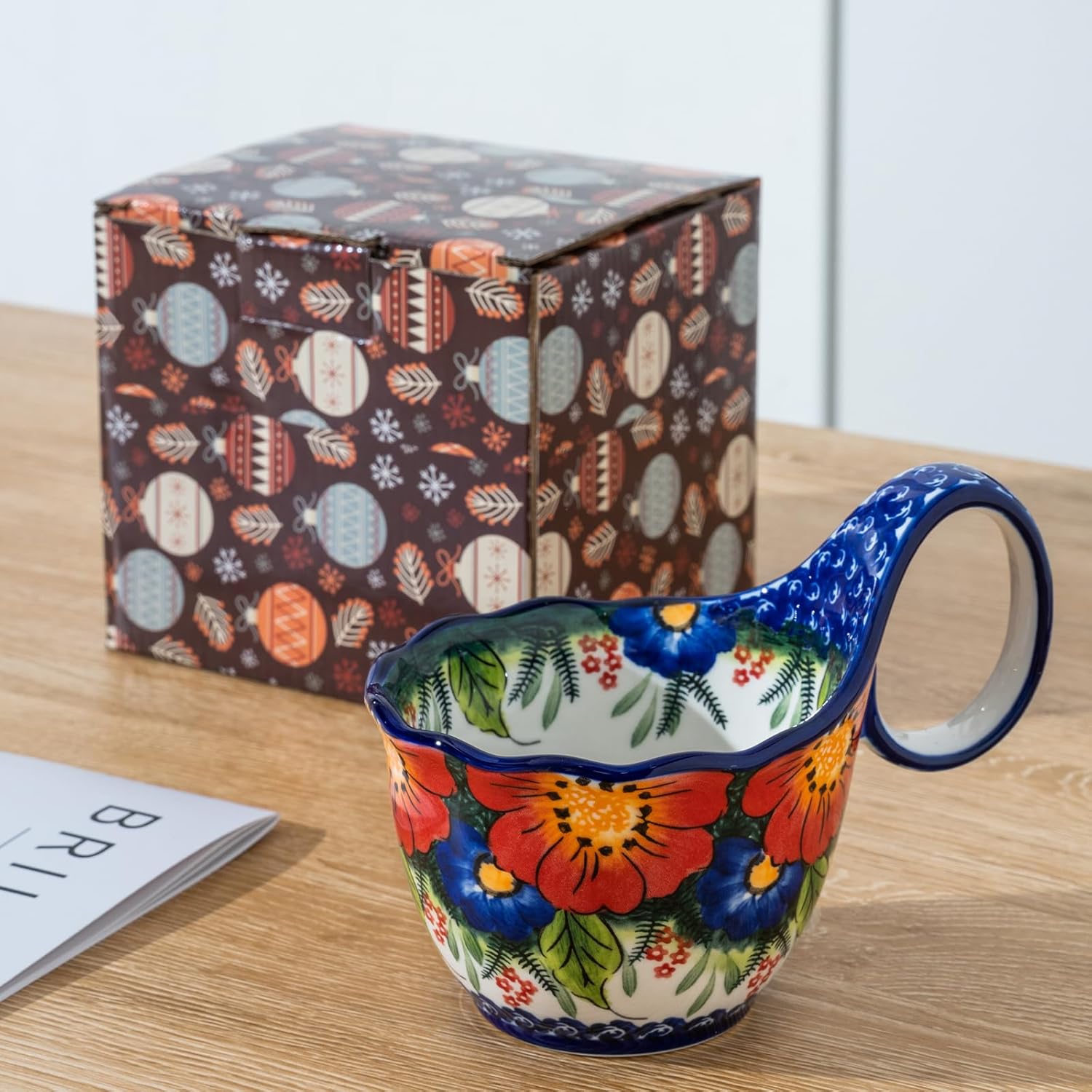 ALMA Handpainted Soup Bowl with Handle, 18.6oz Ceramic Cereal Bowl, Microwave &Dishwasher Safe,Loop Handle Bowl Great for Soup, Chili, Stew, Ice cream