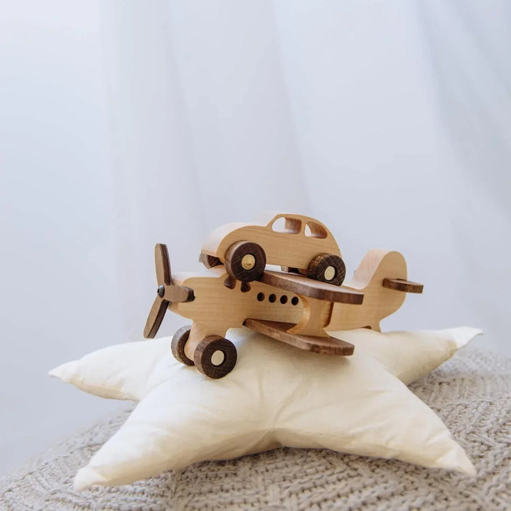 Busy Puzzle Montessori Wooden Airplane and Car Set – Handcrafted Natural Wood Push Toys for Toddlers, Montessori-Inspired, Imaginative Travel Play Set, Natural Solid Wood Toddler Toys - Handmade Lifestyle Shop