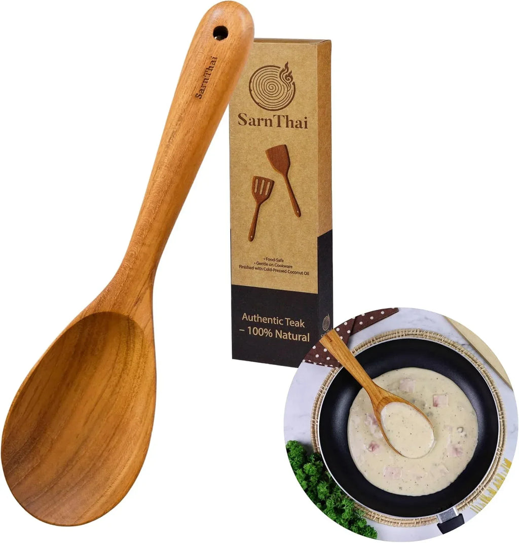 Teak Wooden Spoon & Ladle for Cooking – Handmade Natural Teak Wood Spoon and Ladle, Wooden Utensils for Nonstick Cookware, Durable Long Handle Kitchen Tools - Handmade Lifestyle Shop