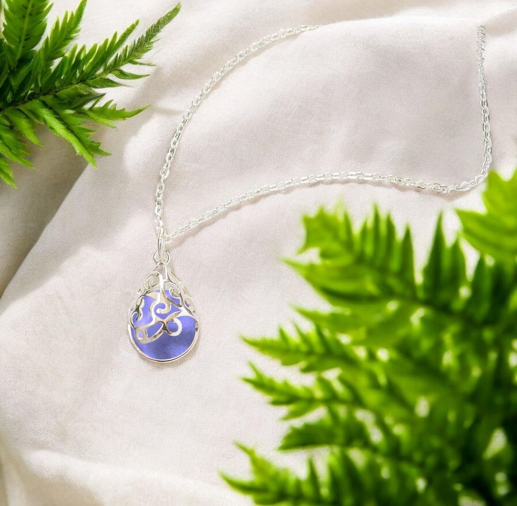 Bottled Up Designs Handmade Filigree Teardrop Necklace, Recycled Antique Glass, Sterling Silver, Eco Friendly, Made in USA, Birthday Gifts, Mothers Day, Women, Anniversary