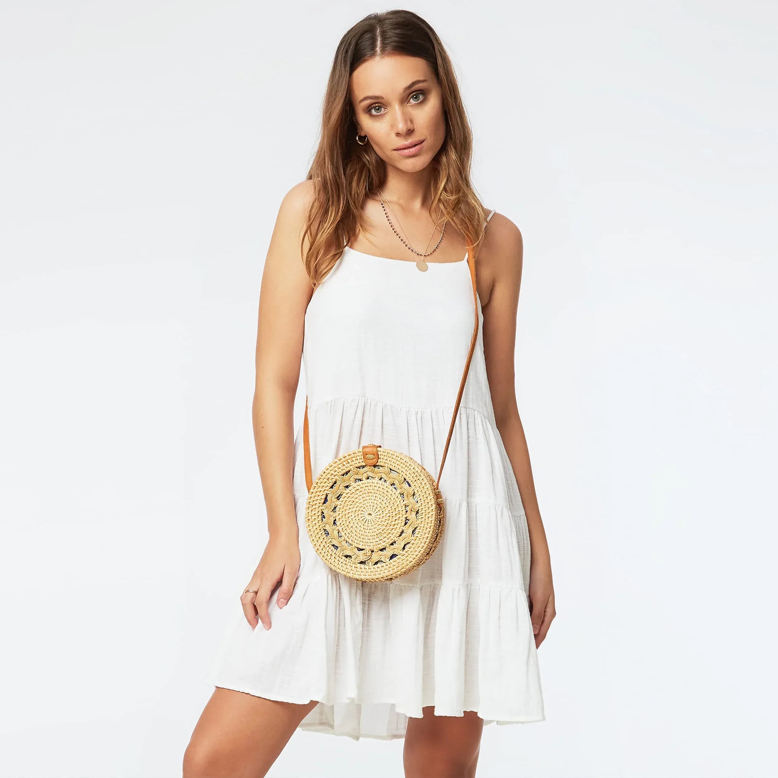 Novum Crafts Round Rattan Bag for Women - Handmade Straw Bags - Wicker Purse - Brown White Circle Crossbody Boho Bags - Handmade Lifestyle Shop