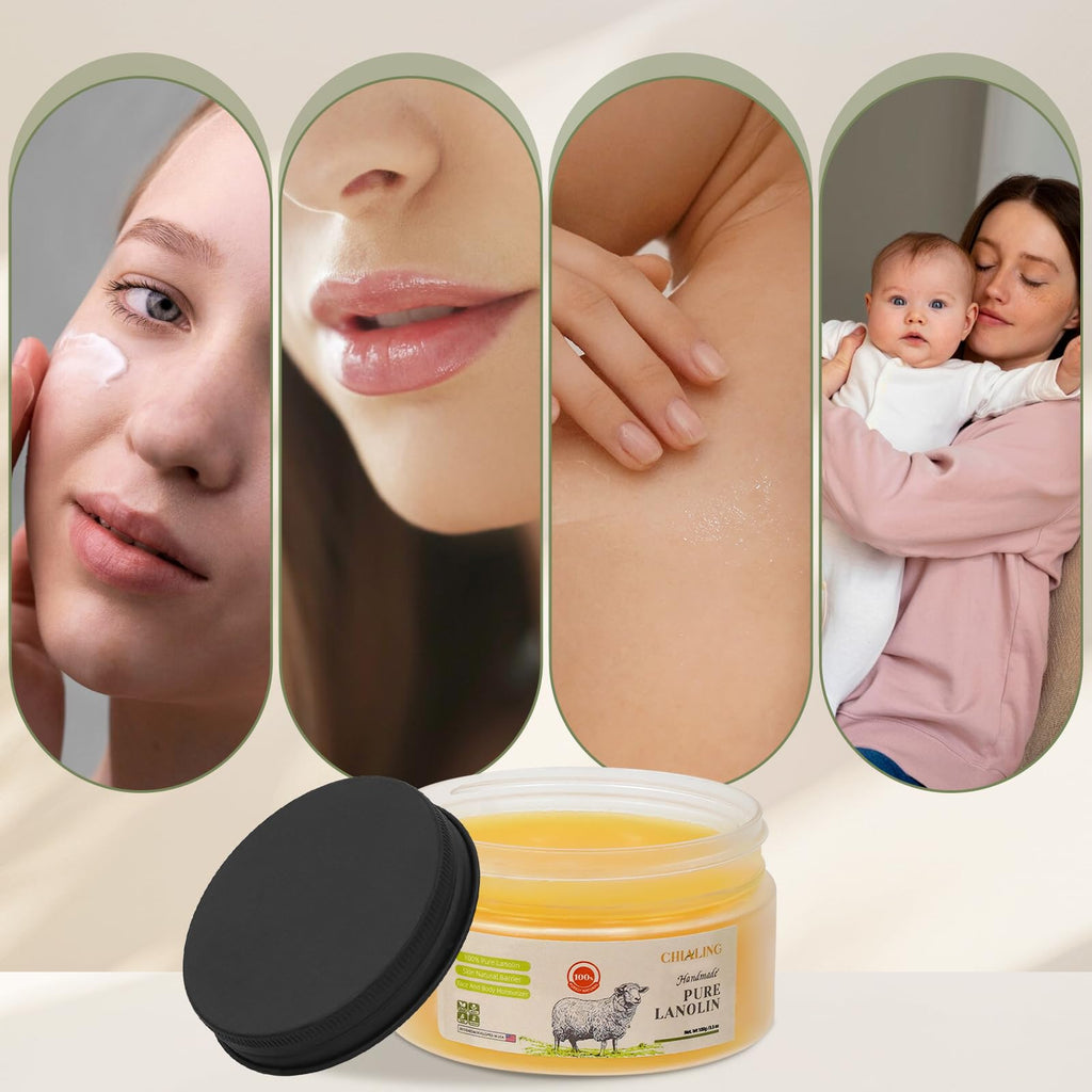 CHIALING Handmade Lanolin - 100% Pure Natural Australian Lanolin Cream - Made in USA - USP Grade Moisturizer for Dry/Cracked Skin, Nipple Discomfort, Lip Hydration & Eczema | Unscented, Additive-Free(3.5 oz)