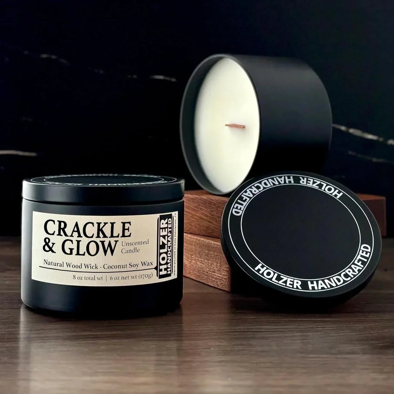 Unscented Candle Wood Wick | Fragrance-Free | Coconut Soy Candles in Black Tin | Clean Burn, Subtle Crackling Wooden Wick | Handpoured in USA by Holzer Handcrafted | 45 Hour Burn Time, 1 Candle - Handmade Lifestyle Shop
