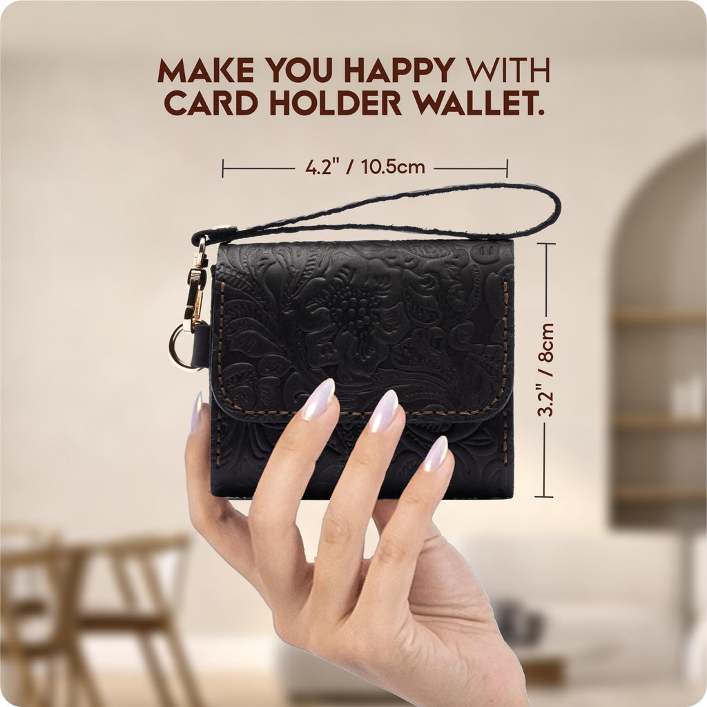 Toros Craft Handmade Wristlet Wallets for Women, Western Floral Leather Small Credit Card Holder with Zipper, Minimalist & Cute Coin Pouch, Genuine Leather, Dark Brown