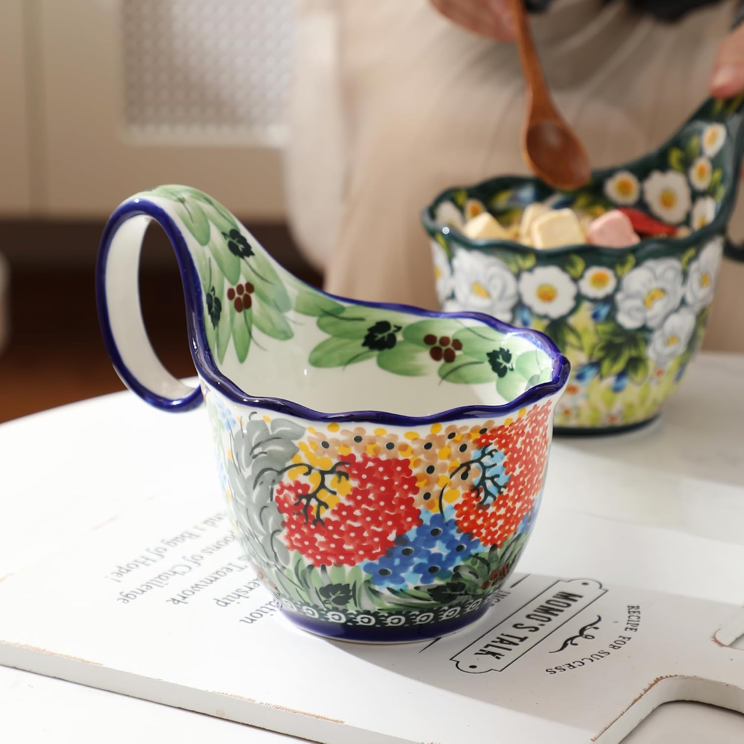 ALMA Handpainted Soup Bowl with Handle, 18.6oz Ceramic Cereal Bowl, Microwave &Dishwasher Safe,Loop Handle Bowl Great for Soup, Chili, Stew, Ice cream