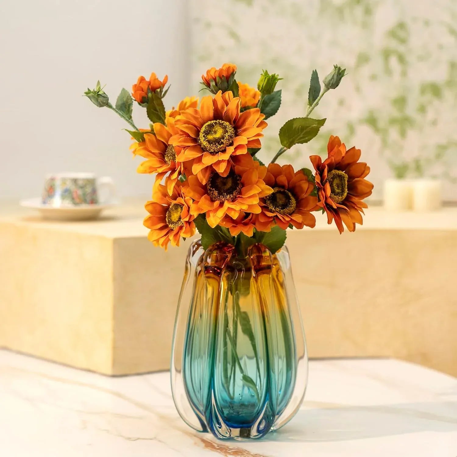 Hand Blown Glass Flower vases, Unique Glass vases, Wide Mouth vases, Small Modern Art Deco Glass vases for Home Living Room, Office, Table centerpieces, Bookshelves and Wedding Decorations - Handmade Lifestyle Shop