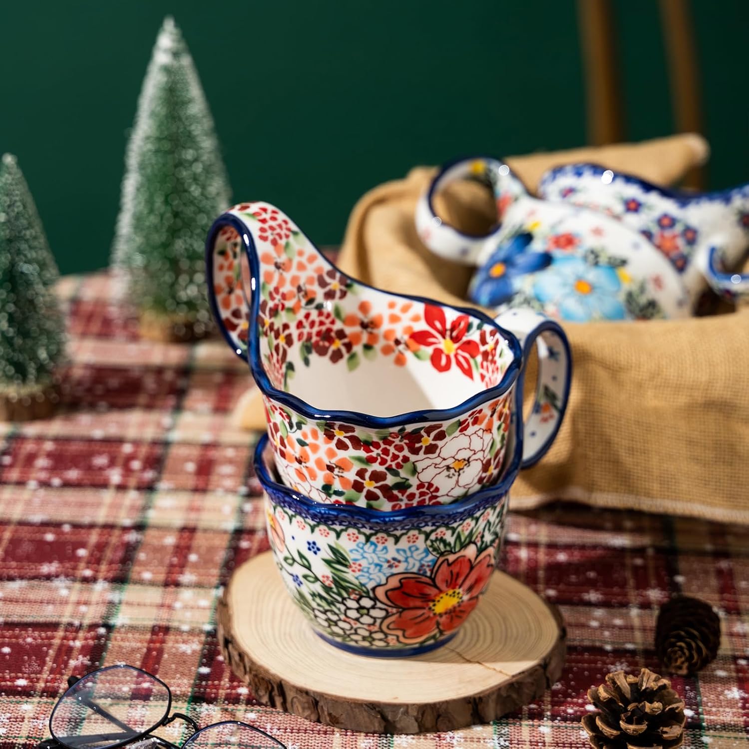 ALMA Handpainted Soup Bowl with Handle, 18.6oz Ceramic Cereal Bowl, Microwave &Dishwasher Safe,Loop Handle Bowl Great for Soup, Chili, Stew, Ice cream