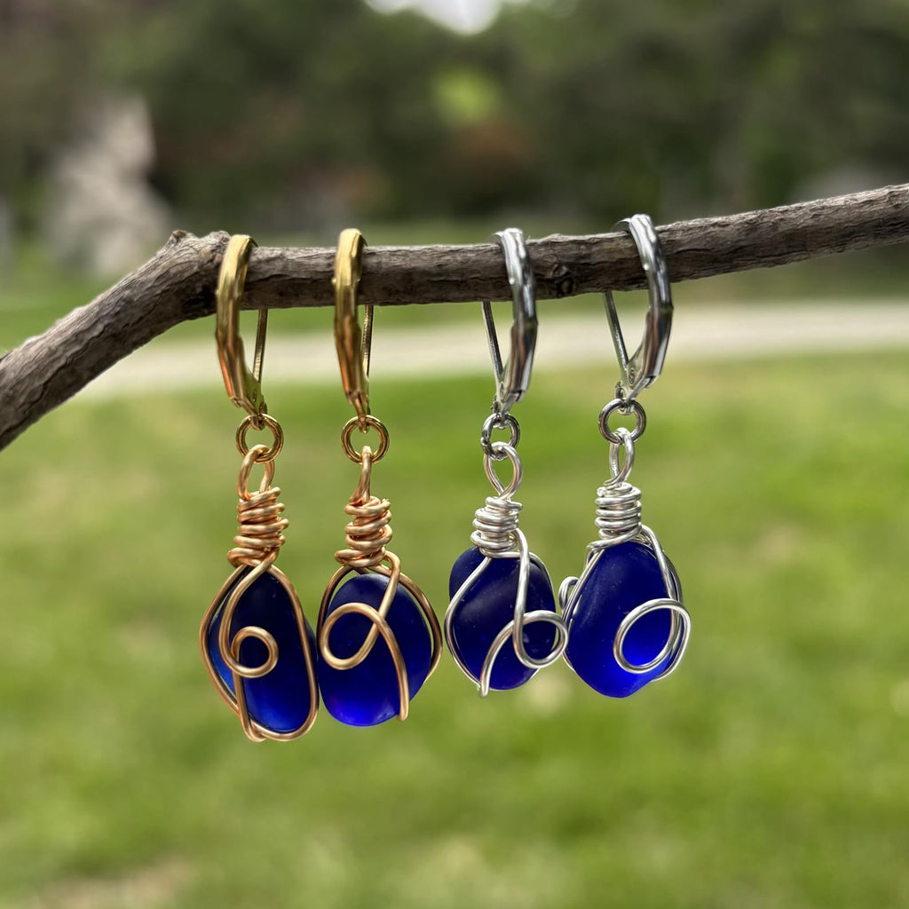 Handmade Sea Glass Wire Wrap Drop Earrings Jewelry ，Beach Earrings, Summer Gift, Ocean Jewelry Inspirational Gifts for Women, Mom, Sister