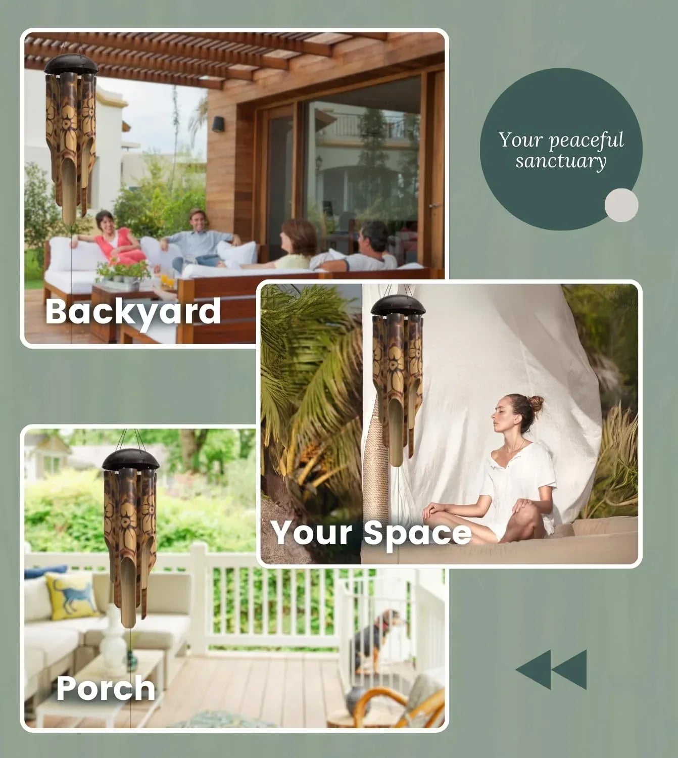 Rustic Bamboo Wind Chimes - Outside Outdoor Wooden Windchimes, Medium, Floral Burned Design with Coconut Crown, Handcrafted with Calming Deep Tones, Home Decor Ideal Gift for Him & Her - Handmade Lifestyle Shop