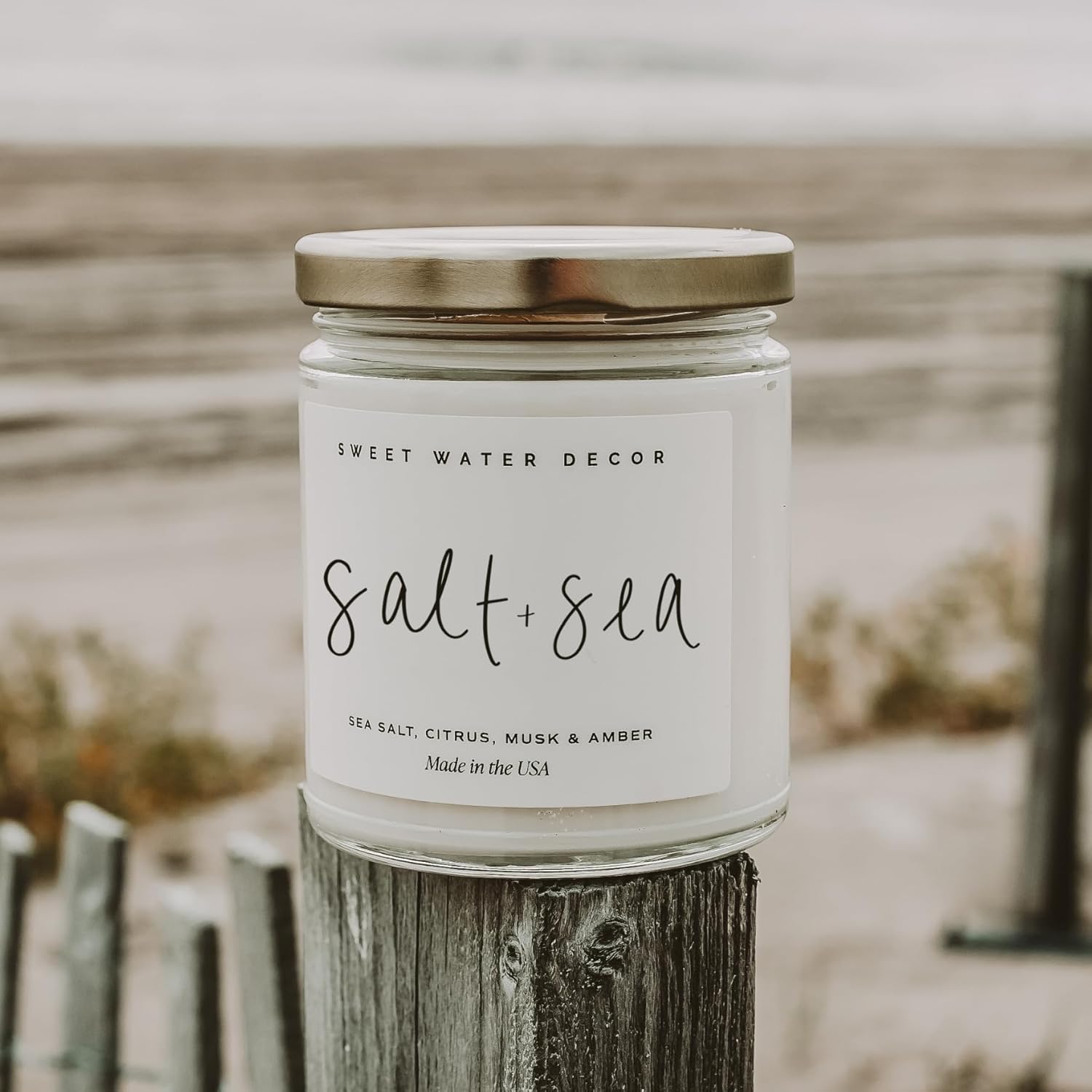 Sweet Water Decor Salt and Sea Candle - Sea Salt, Citrus, Amber, Musk, Beach Scented Soy Candles for Home - Coastal Decor for Beach Lovers - 9oz Clear Jar, 40 Hour Burn Time, Made in The USA