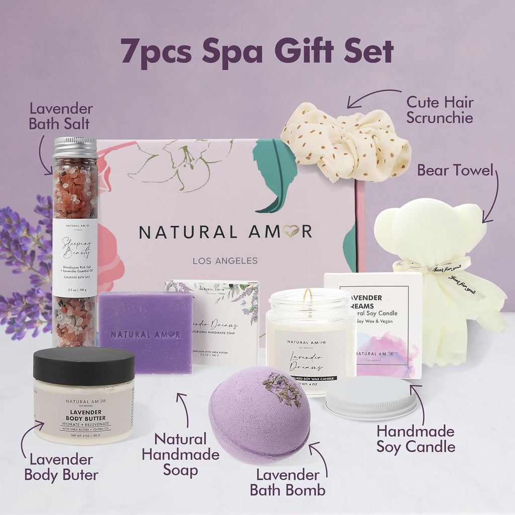 Natural Amor Handmade Spa Gift Set 6 pcs– Includes Citrus Bath Bomb, Lavender Hand Cream, Soap, Bath Salt, Candle – Relaxing Self-Care Kit for Women