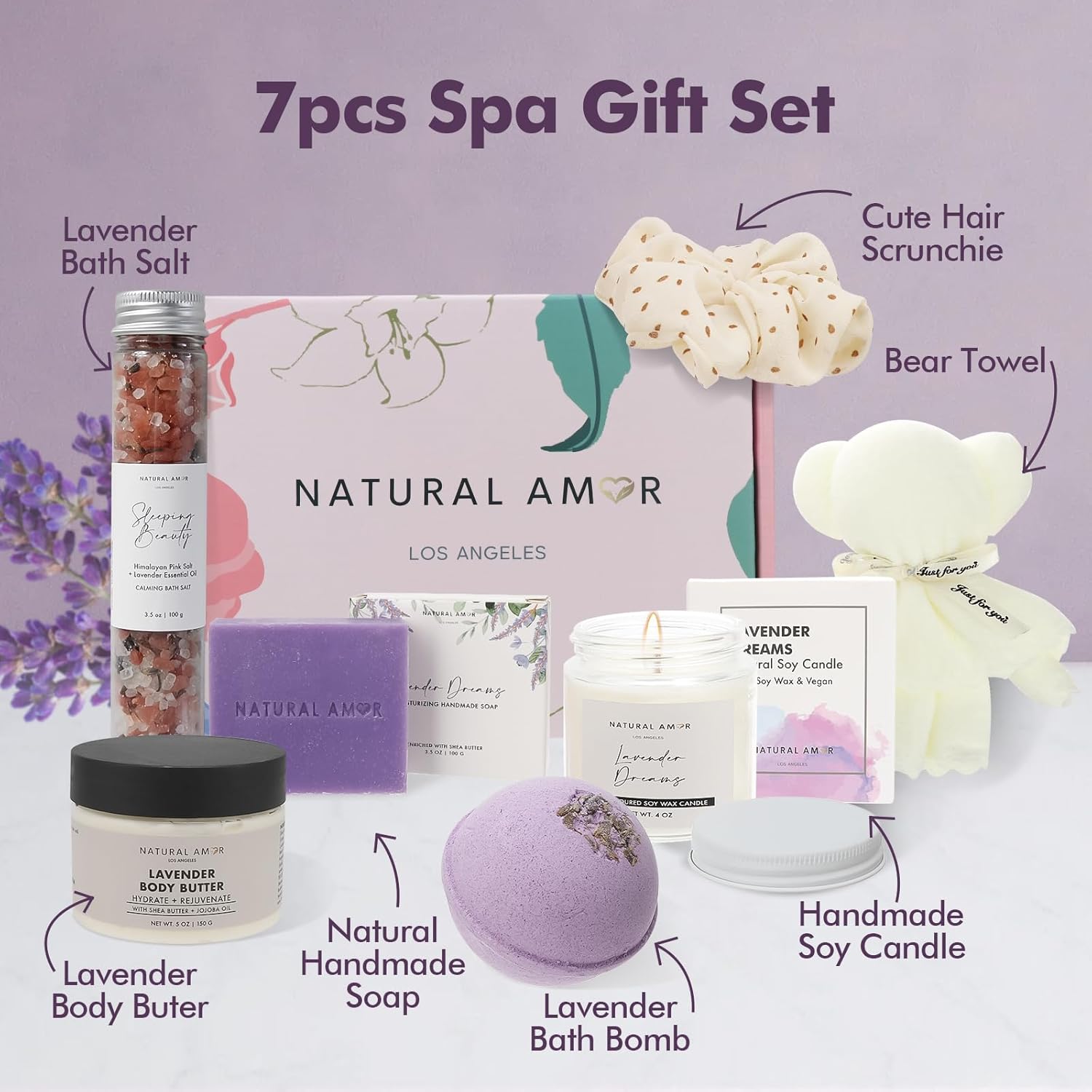 Natural Amor Handmade Spa Gift Set 6 pcs– Includes Citrus Bath Bomb, Lavender Hand Cream, Soap, Bath Salt, Candle – Relaxing Self-Care Kit for Women