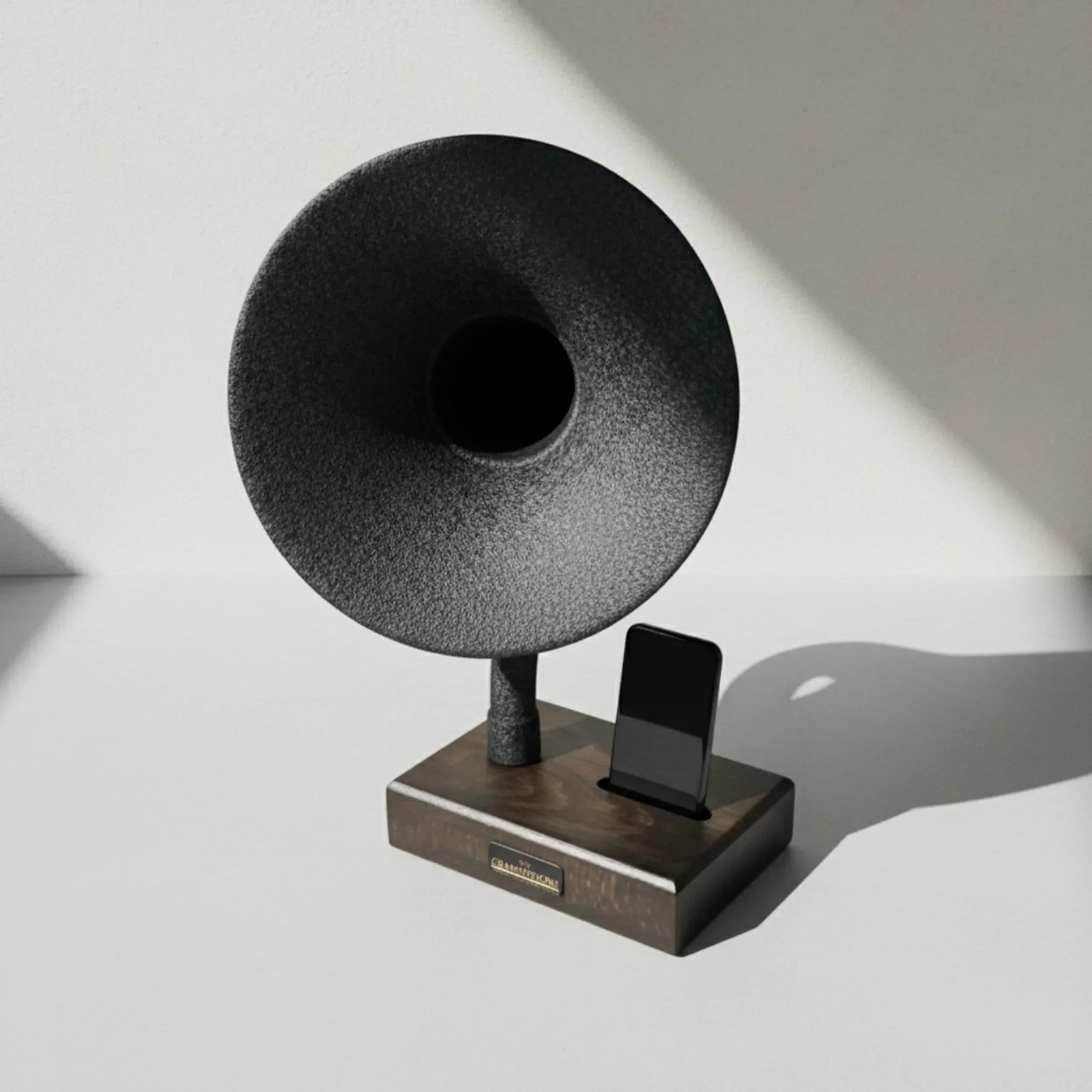 Handmade Acoustic Phone Speaker, Gramophone Phone Amplifier, Vintage Passive Speaker for Home Decor, Office Furniture Gift, Unique Handmade Smart Phone Dock - 17" Large - Walnut Wood & Black Horn - Handmade Lifestyle Shop