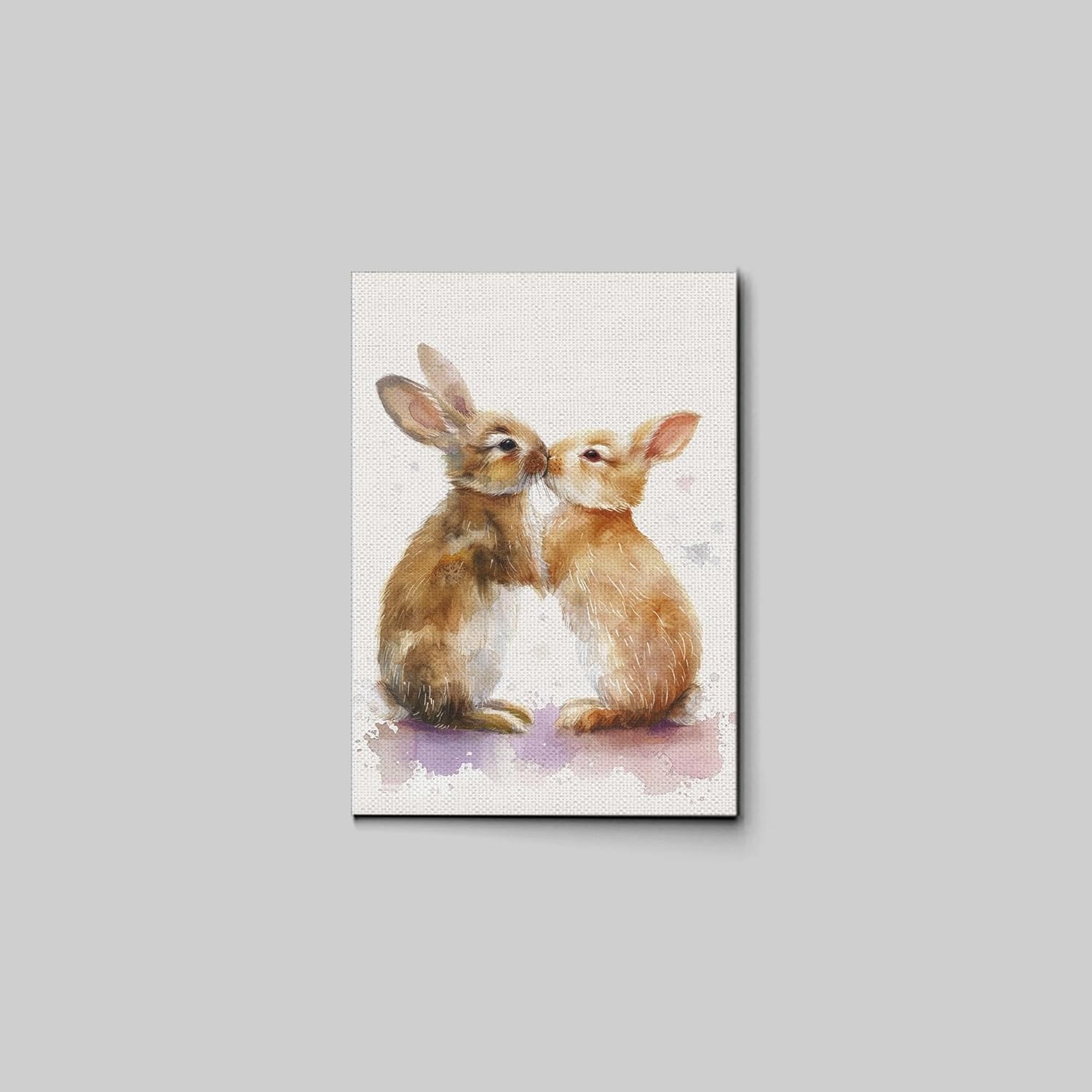 Watercolor Bunnies Kissing Rabbits Vintage Art Cute Easter Bunny, In The Style Of Dark White And Light Purple,Depictions Of Animals, Realistic Watercolor, Decor Canvas