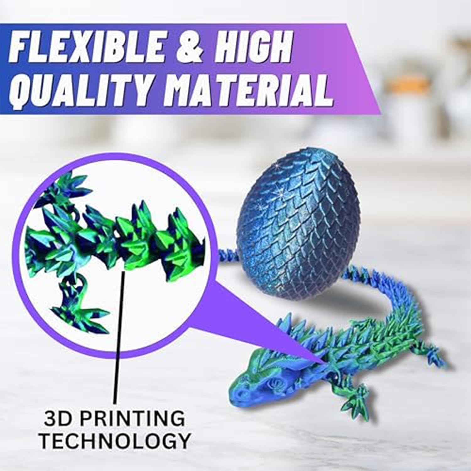 20" Articulated 3D Printed Dragon – Color-Changing Fidget Figurine, Mythical Figure, Made in USA, 3D Printed Toys - Valentines Day Gift for Boys and Girls (Rainbow with Blue Egg)