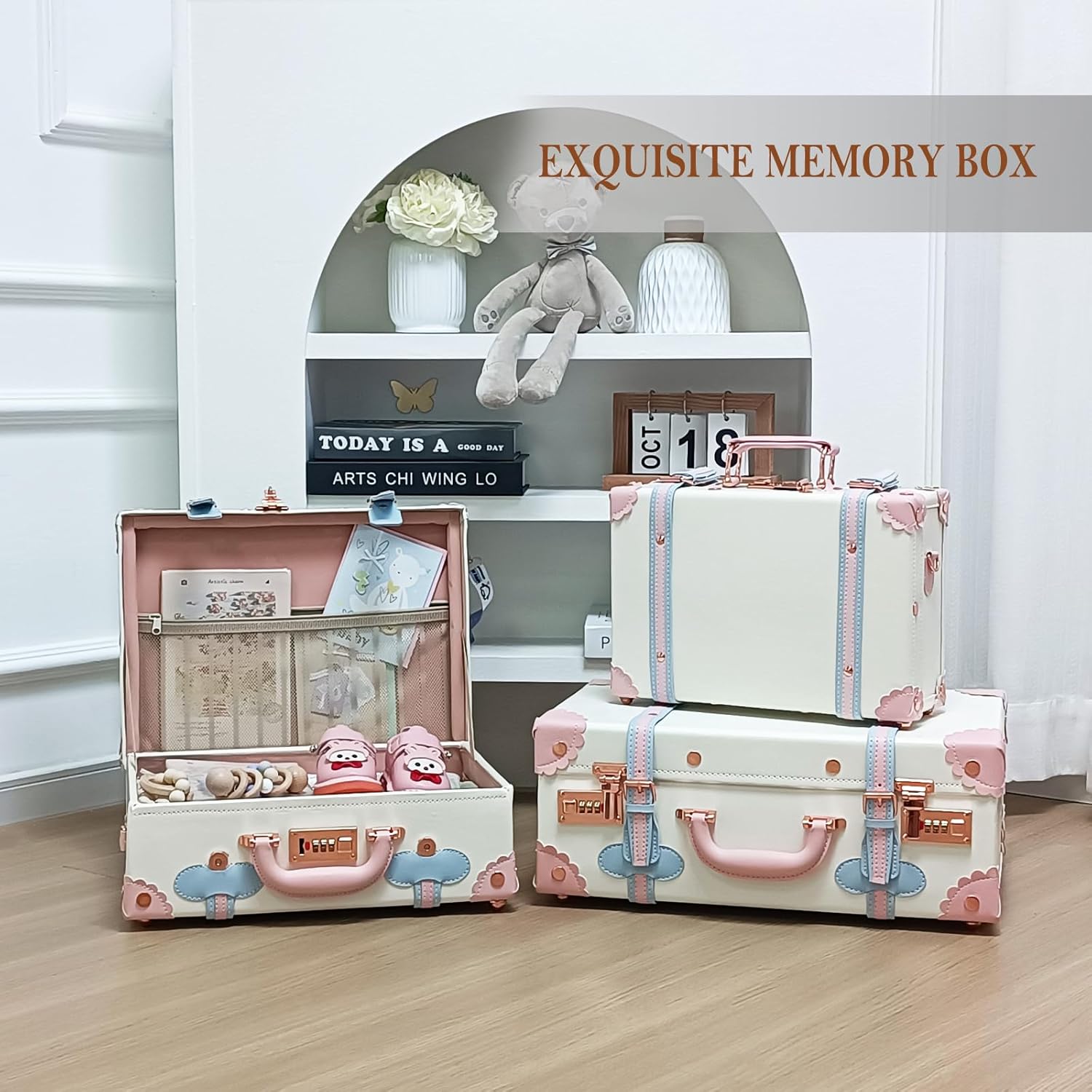 Unitravel Baby Keepsake Case, Handmade Memory Storage Box, Newborn Keepsake Box, Vintage Suitcase for Baby Shower, Baptism, Naming Ceremony or Birthday