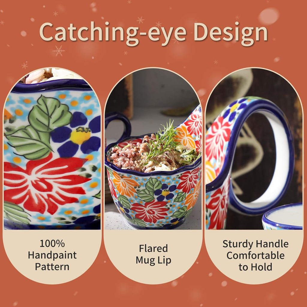 ALMA Handpainted Soup Bowl with Handle, 18.6oz Ceramic Cereal Bowl, Microwave &Dishwasher Safe,Loop Handle Bowl Great for Soup, Chili, Stew, Ice cream