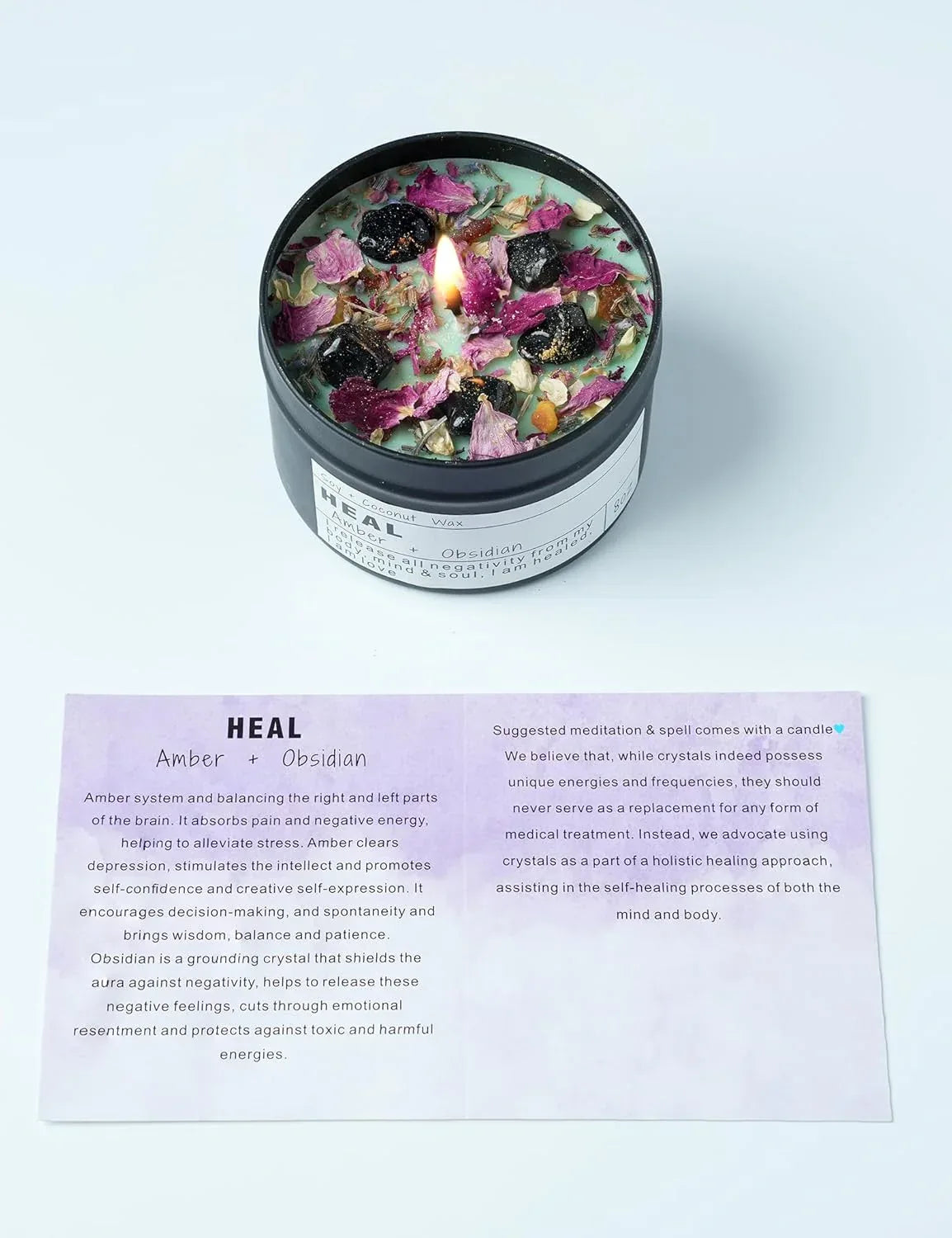 Obsidian Crystal Energy Candle, Good Aura Health Protection, Baltic Amber Chakra Magic Self-Care, Emotional Support, Encouragement and Affirmation Gift.(HEAL) - Handmade Lifestyle Shop