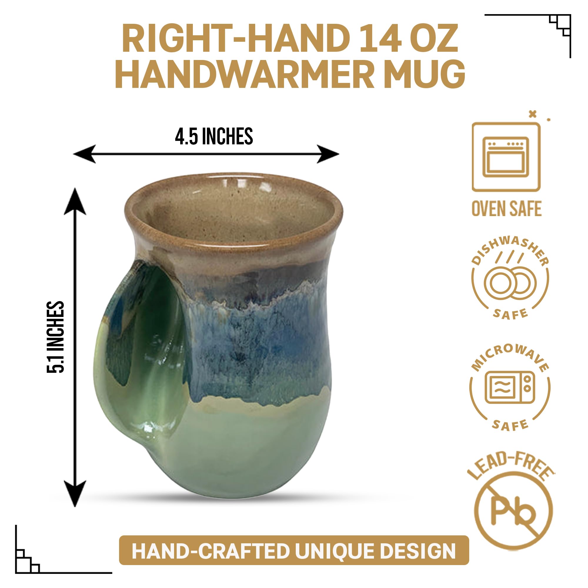 Clay in Motion Hand Warmer Coffee Mug – Handmade Coffee Mug With Comfortable Handle Contoured Pocket Hand Warming Ceramic Coffee Mug – Proudly Made in USA – Right Handed – 14 Oz - Island Oasis