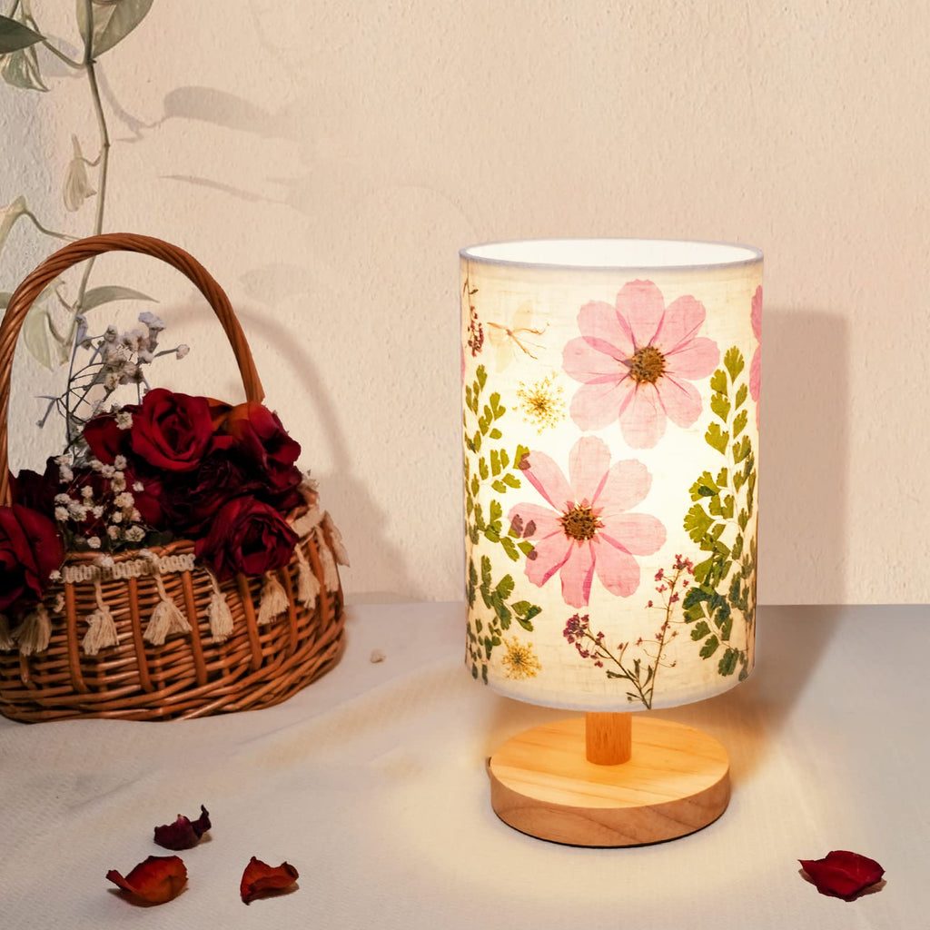 Dried Flowers Small Table Lamp 5W LED 3-Color Bedside Lamp Pressed Flowers Lampshade with Wood Base for Bedroom Living Room Desk Nursery