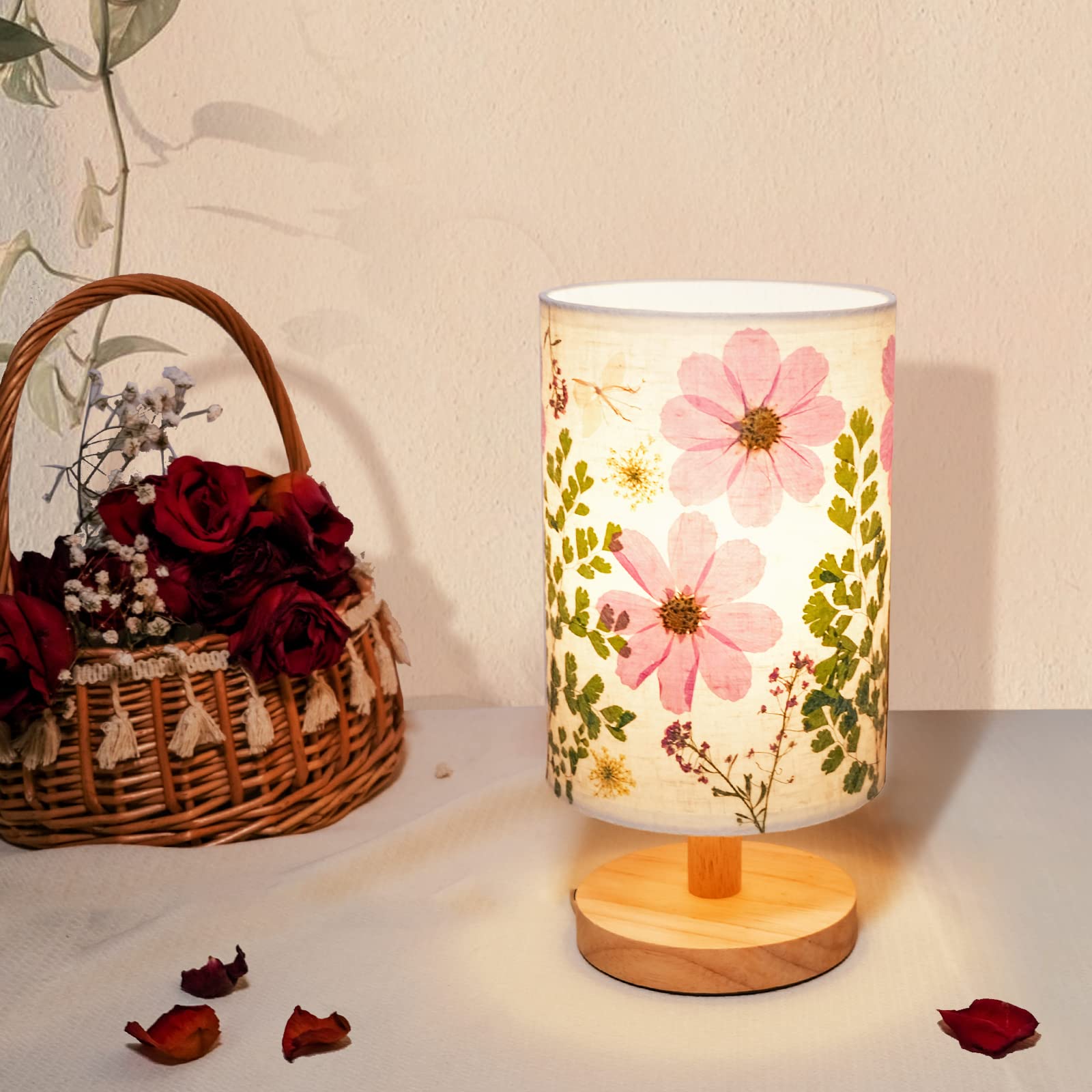 Dried Flowers Small Table Lamp 5W LED 3-Color Bedside Lamp Pressed Flowers Lampshade with Wood Base for Bedroom Living Room Desk Nursery