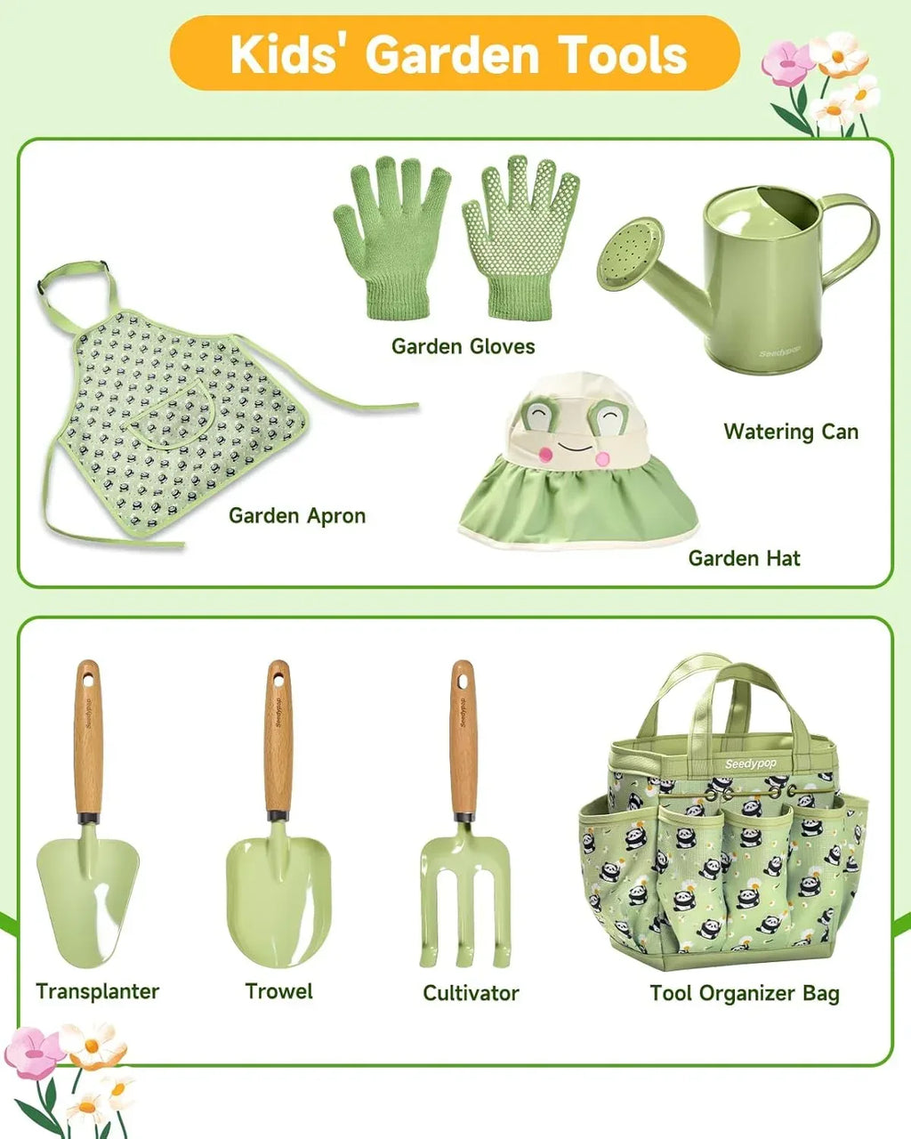 Handmade Kids Gardening Tools Set - 8Pc Artisan Garden Kit with Real Wood Handles, Metal Heads, Frog Hat, Panda Apron & Tote - Nature Learning Gift for Toddlers & Kids (Sage Green) - Handmade Lifestyle Shop