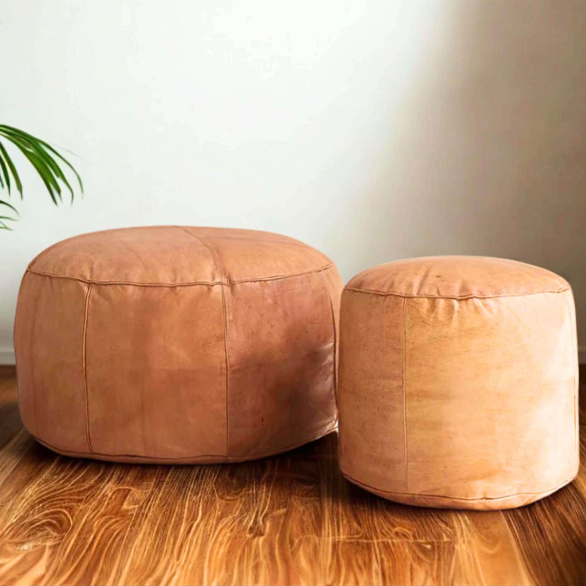 Handmade Moroccan Round Leather Pouf – Delivered Unstuffed – Ottoman, Footstool, Footrest, Hassock, Floor Cushion – Versatile Artisan Accent (Tan, 12"×12"×12" in)