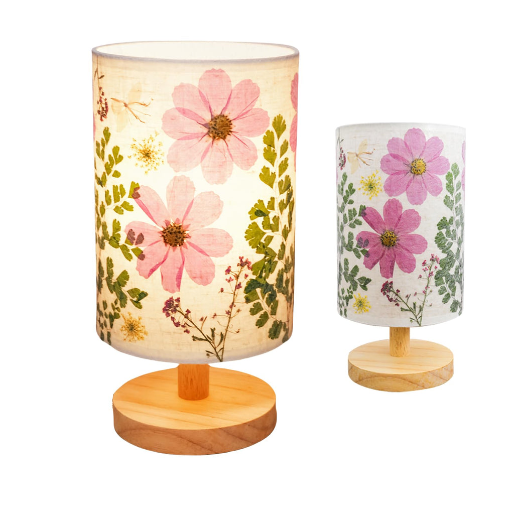 Dried Flowers Small Table Lamp 5W LED 3-Color Bedside Lamp Pressed Flowers Lampshade with Wood Base for Bedroom Living Room Desk Nursery