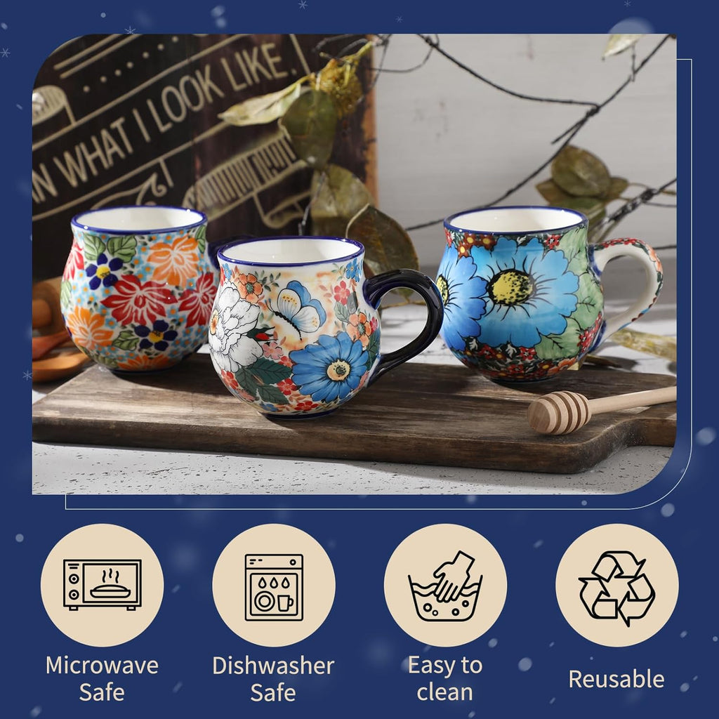 ALMA 12oz Handpainted Microwave Safe Coffee Mug, Unique Ceramic Tea Mug For Girl Friend,Mother, Woman(Assorted Flowers,Medium)