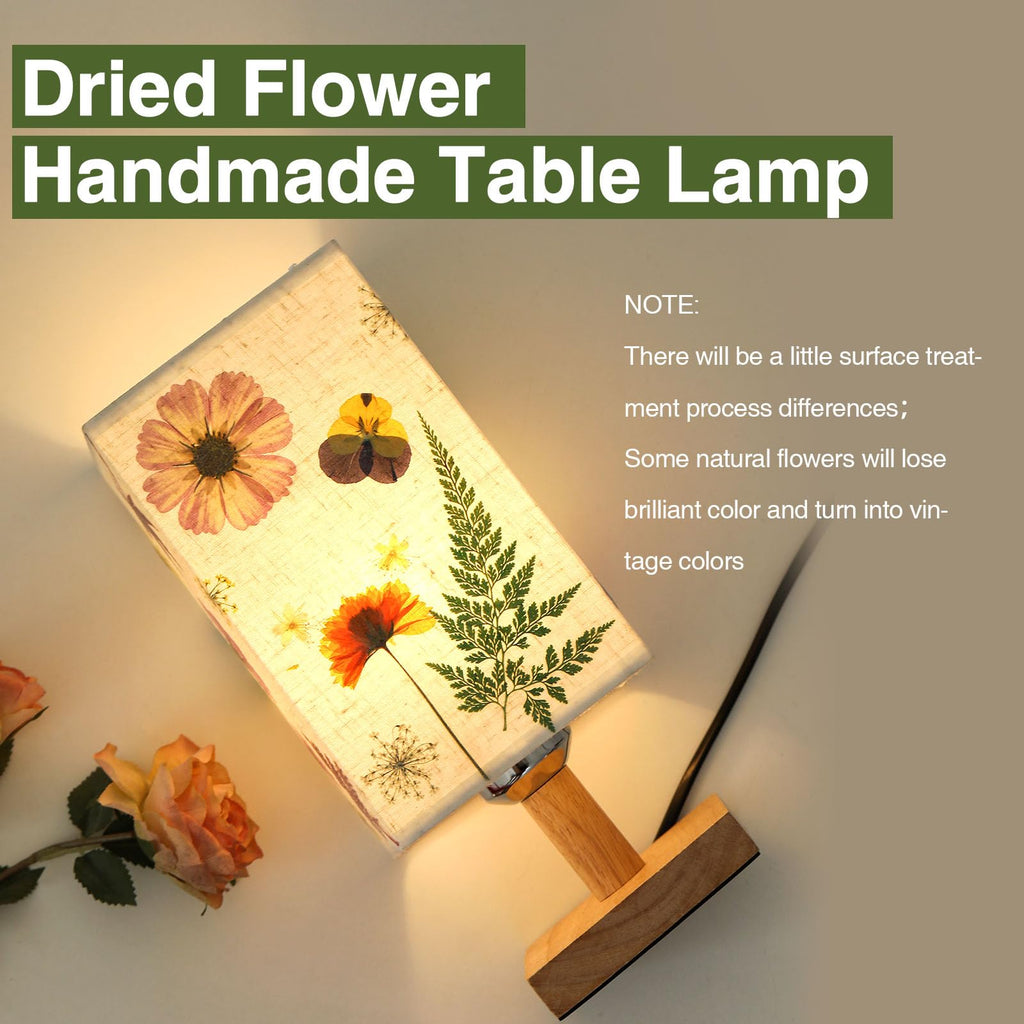 Dried Flowers Small Table Lamp 5W LED 3-Color Bedside Lamp Pressed Flowers Lampshade with Wood Base for Bedroom Living Room Desk Nursery