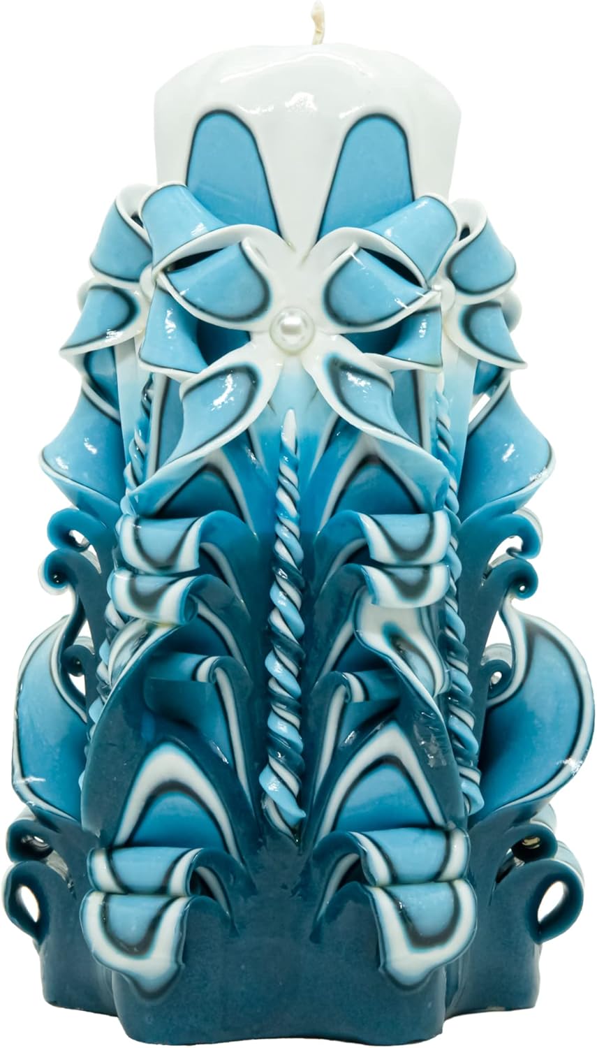 Handmade Carved Candle - Surprise Gift For Her - Decor Birthday Halloween Thanksgiving Christmas - Spiritual Living Room Home Decor Candles - Unique Engagement Wedding Idea - White Blue - Ordagio