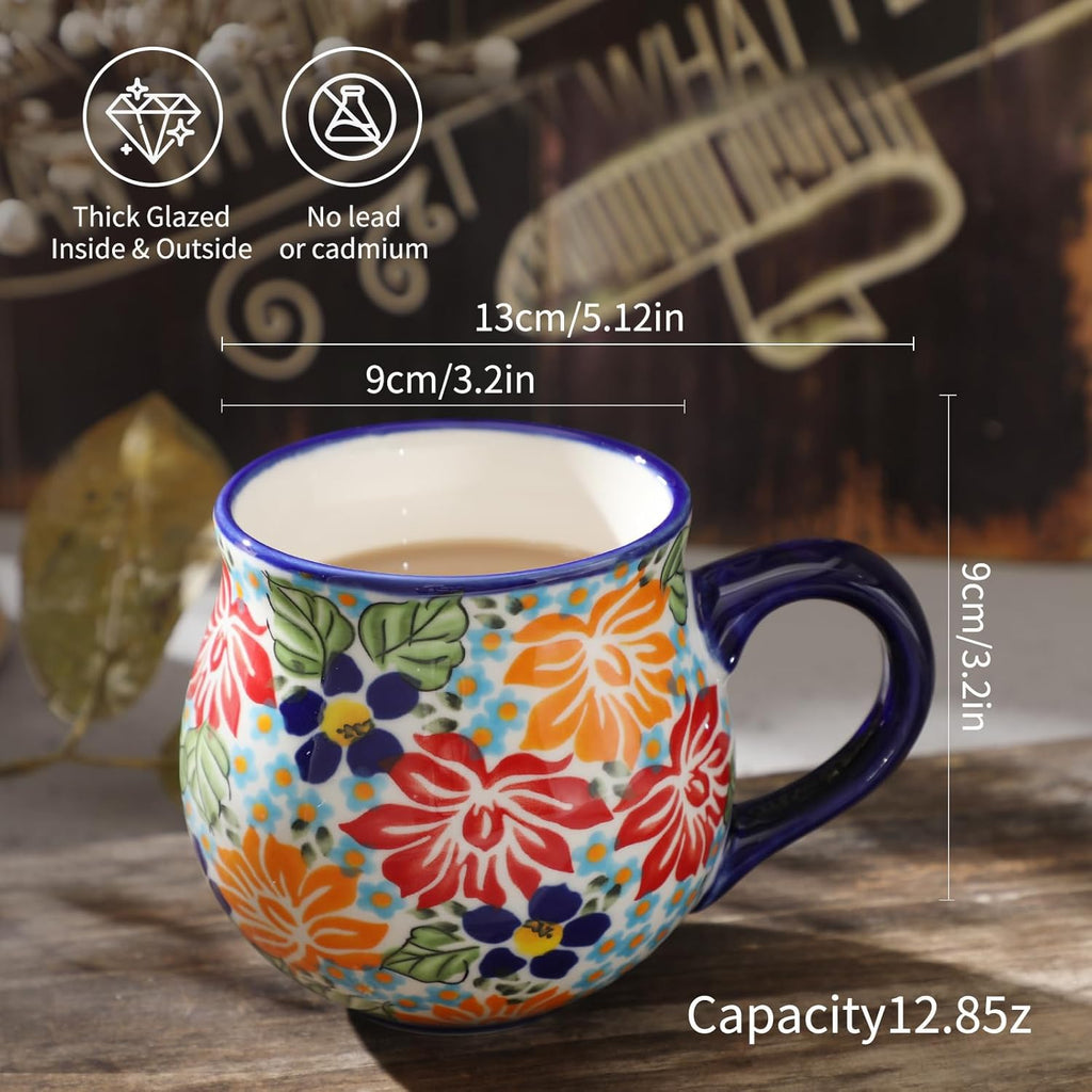 ALMA 12oz Handpainted Microwave Safe Coffee Mug, Unique Ceramic Tea Mug For Girl Friend,Mother, Woman(Assorted Flowers,Medium)