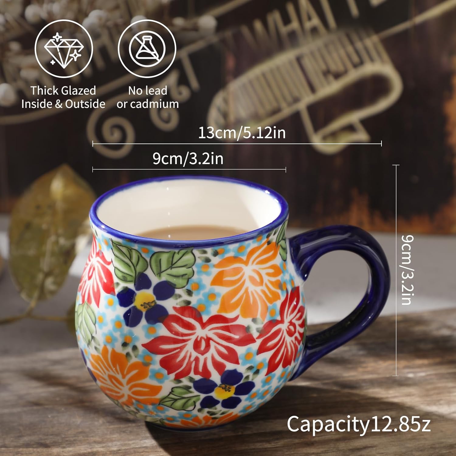 ALMA 12oz Handpainted Microwave Safe Coffee Mug, Unique Ceramic Tea Mug For Girl Friend,Mother, Woman(Assorted Flowers,Medium)