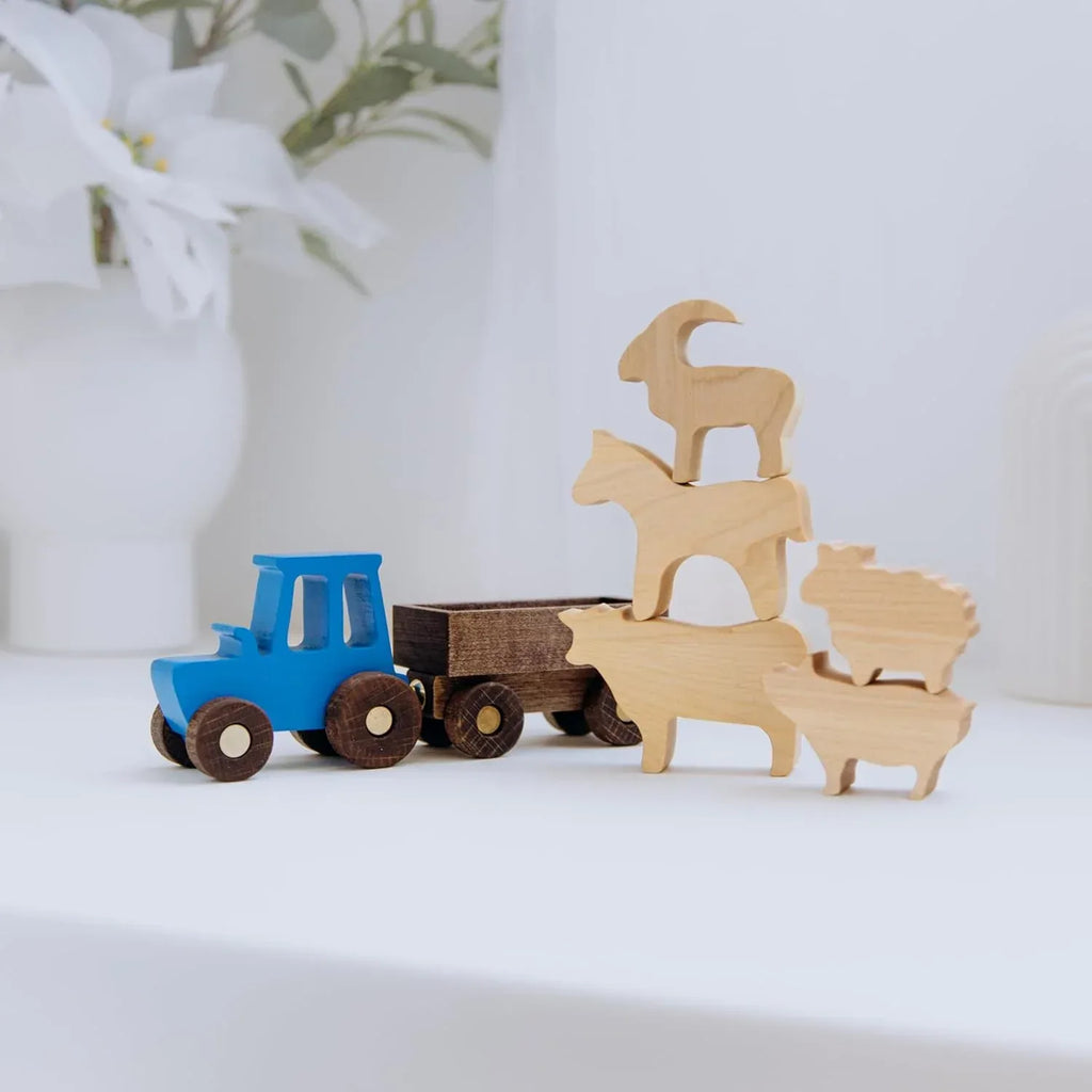 BUSY PUZZLE Wooden Tractor Toy with Trailer and Farm Animals, Natural Solid Wood Push Vehicle for Toddlers, Birthday Gift, Montessori Farm Play Set - Handmade Lifestyle Shop