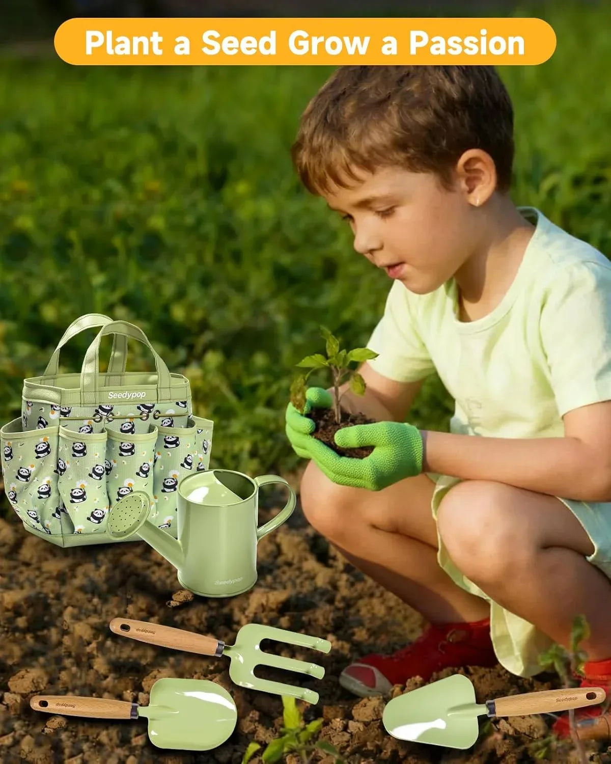 Handmade Kids Gardening Tools Set - 8Pc Artisan Garden Kit with Real Wood Handles, Metal Heads, Frog Hat, Panda Apron & Tote - Nature Learning Gift for Toddlers & Kids (Sage Green) - Handmade Lifestyle Shop