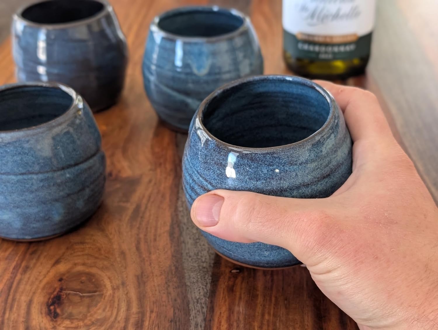 Hand Thrown Pottery Stemless Wine Glass in Slate Blue Handmade in North Carolina