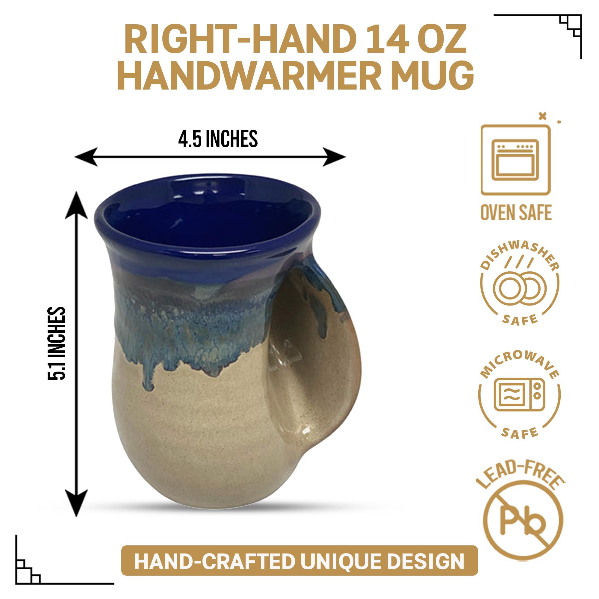 Clay in Motion Hand Warmer Coffee Mug – Handmade Coffee Mug With Comfortable Handle Contoured Pocket Hand Warming Ceramic Coffee Mug – Proudly Made in USA – Right Handed – 14 Oz - Island Oasis