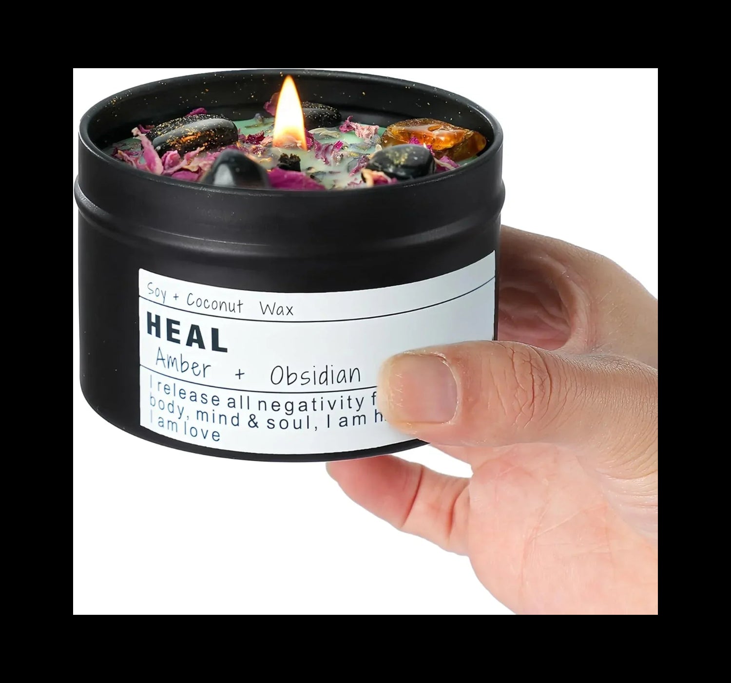 Obsidian Crystal Energy Candle, Good Aura Health Protection, Baltic Amber Chakra Magic Self-Care, Emotional Support, Encouragement and Affirmation Gift.(HEAL) - Handmade Lifestyle Shop