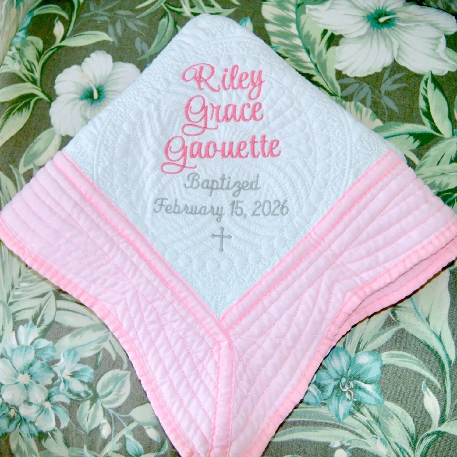 Personalized Baby Blanket Baptism Cotton Quilt Girl Boy Gift Embroidered Name Date Custom Monogrammed Grandparent Christian Gift Customized - Handmade Lifestyle Shop