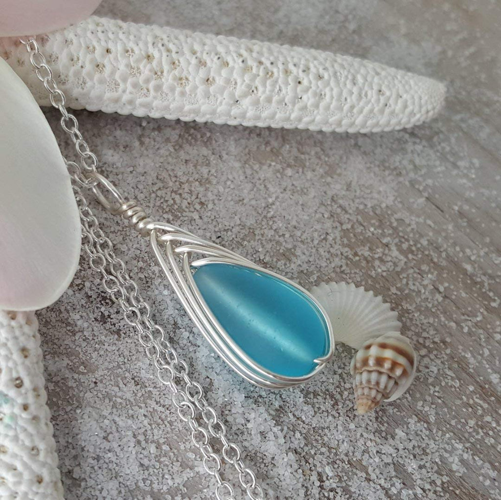 Yinahawaii Handmade Sea Glass Necklace, Hawaiian Jewelry For Women, Braided Teardrop Necklace, Unique Sea Glass Jewelry For Women Birthday Gift
