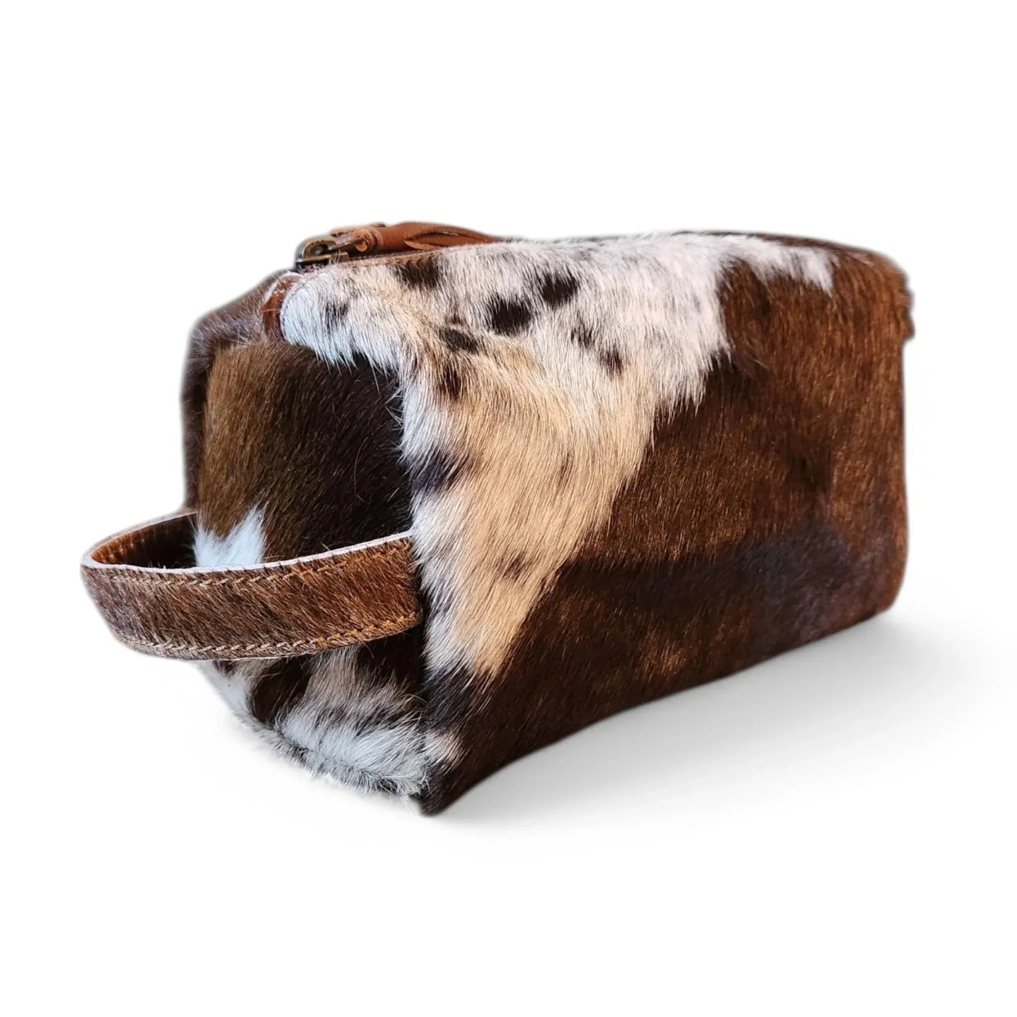 Ranch Junkie Mercantile Genuine Cowhide Handcrafted Cosmetic Pouch Highlands Cowhide Makeup Bag (Caramel Cowhide Mix) - Handmade Lifestyle Shop