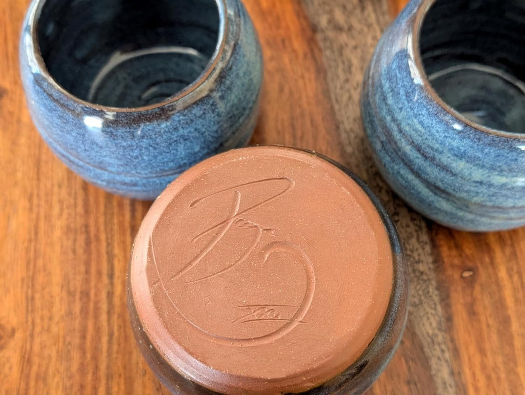 Hand Thrown Pottery Stemless Wine Glass in Slate Blue Handmade in North Carolina