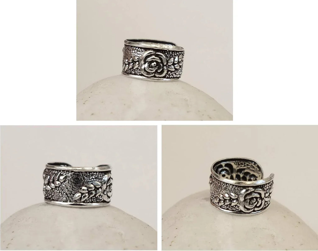 Handmade Silver 2Pcs Ear Cuffs Non-Piercing Earrings, 925 Sterling Silver, Fake Cartilage Helix Non-Pierced Ear Clip on for Women, Tiny 2 x Wide Band Floral Design Ear Wrap, By Miya Jewelry - Handmade Lifestyle Shop