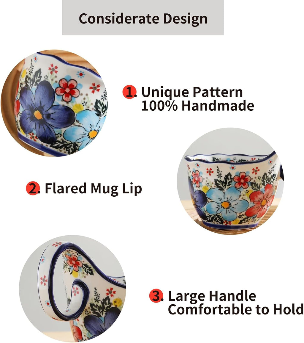 ALMA Handpainted Soup Bowl with Handle, 18.6oz Ceramic Cereal Bowl, Microwave &Dishwasher Safe,Loop Handle Bowl Great for Soup, Chili, Stew, Ice cream