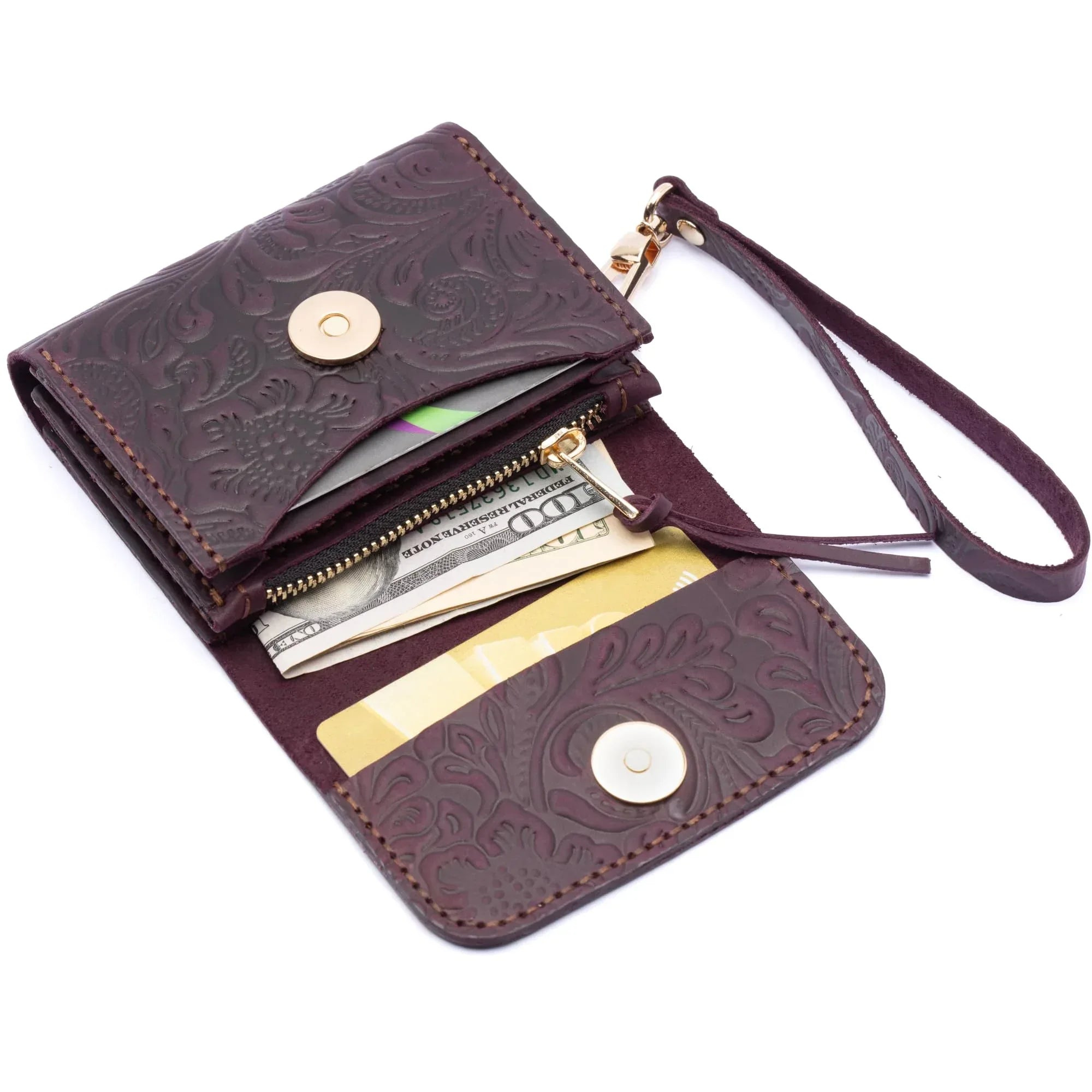 Toros Craft Handmade Wristlet Wallets for Women, Western Floral Leather Small Credit Card Holder with Zipper, Minimalist & Cute Coin Pouch, Genuine Leather, Dark Brown - Handmade Lifestyle Shop