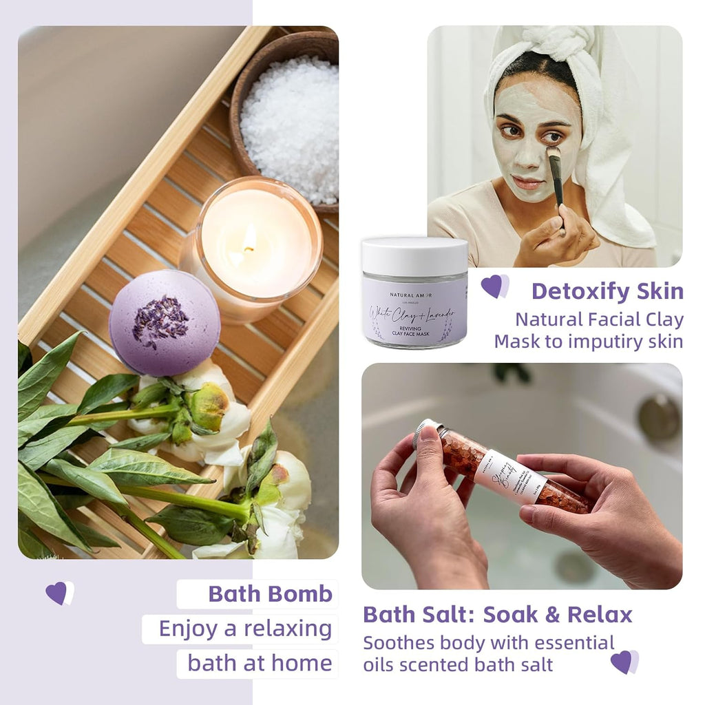 Natural Amor Handmade Spa Gift Set 6 pcs– Includes Citrus Bath Bomb, Lavender Hand Cream, Soap, Bath Salt, Candle – Relaxing Self-Care Kit for Women