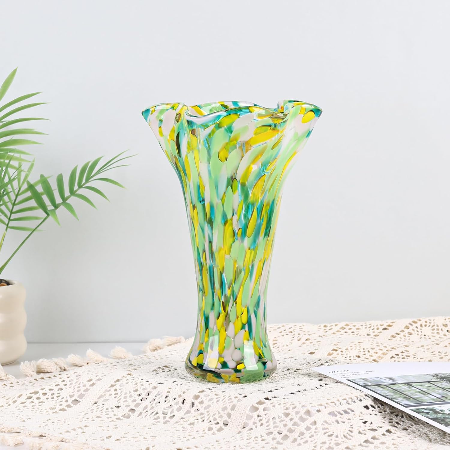 9.0" H Teal Glass Vases for Flowers, Unique Hand Blown Glass Vase Green Home Decor, Wide Mouth Colorful Flower Vase Centerpieces, for Living Room Table Bookshelf, Bathroom Office Shelf Decorative